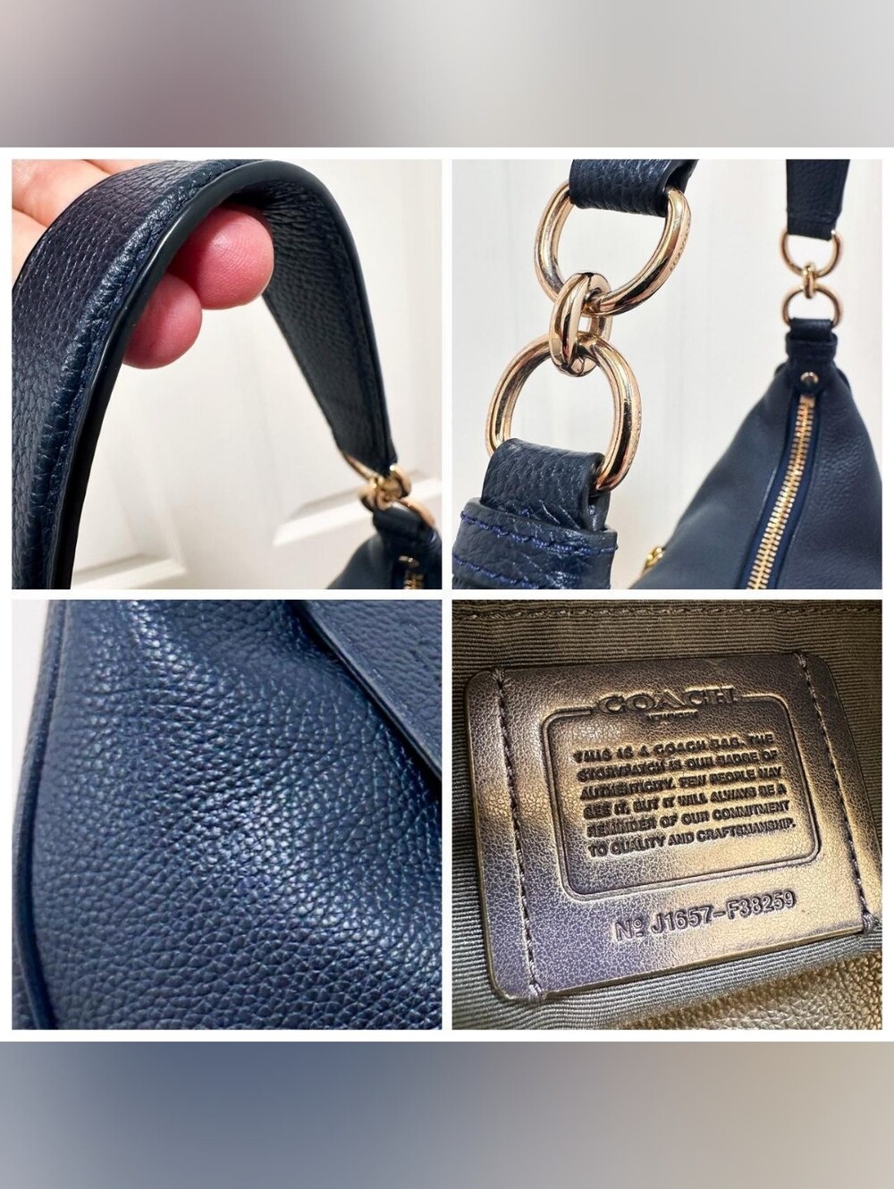 Coach Pebbled Leather Shoulder Hobo in Navy Blue with Gold Hardware - Picture 4 of 6